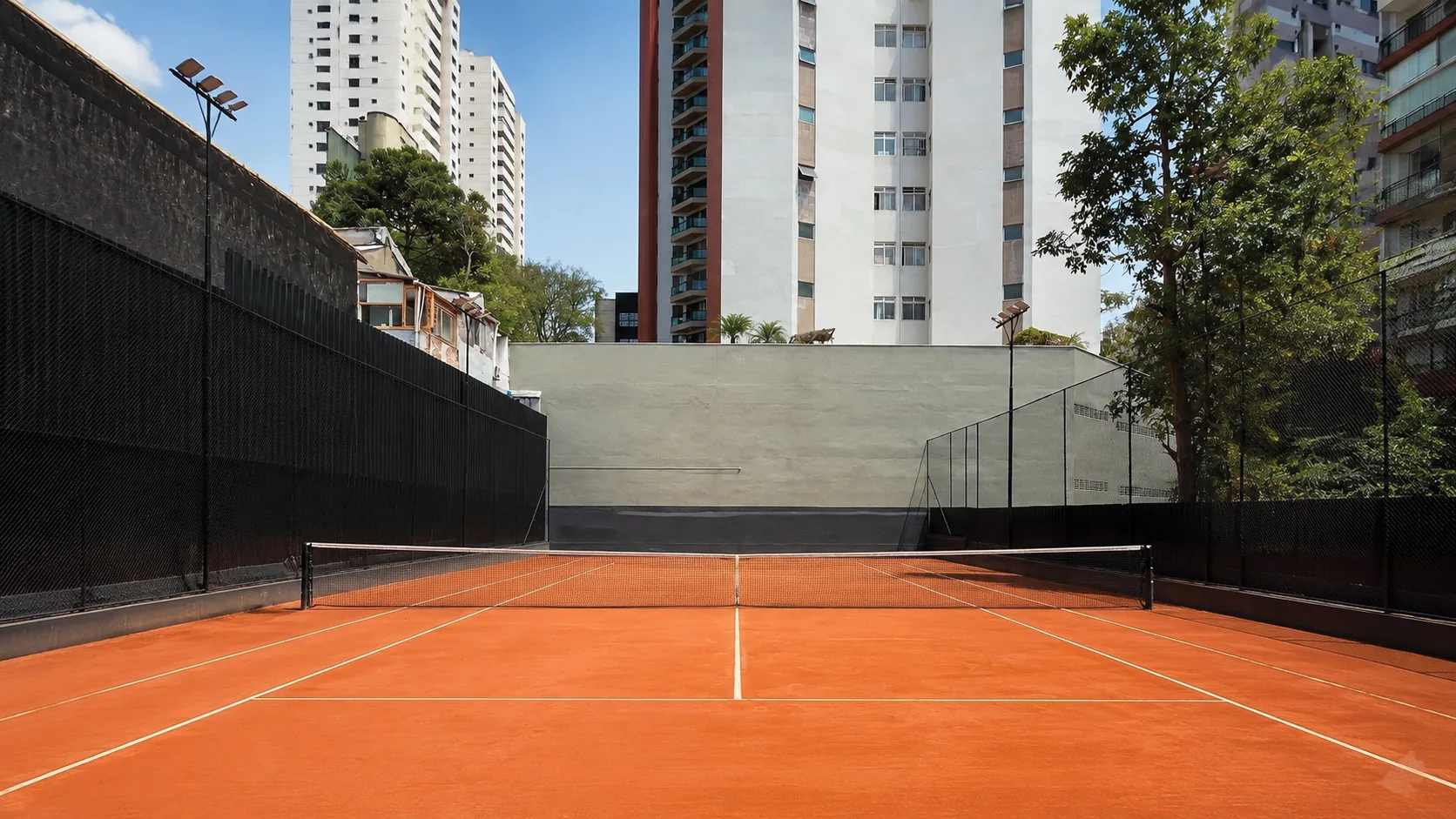 Quadra de saibro da Kuadra, em Pinheiros, vista do fundo da quadra